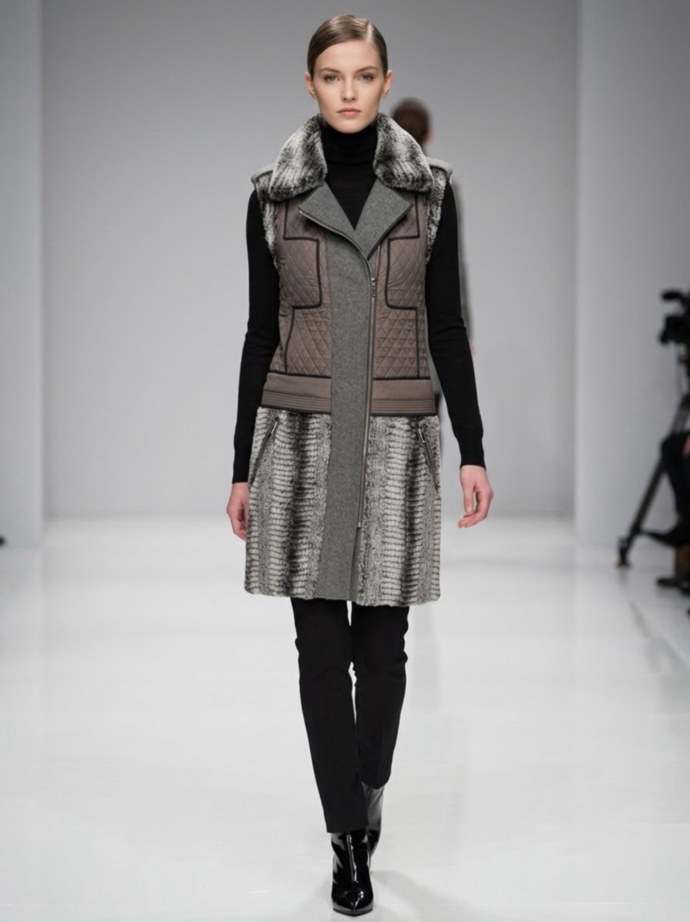 BCBGMAXAZRIA Archer Vest Gray Faux Fur Quilted Vest Small Quiet Luxury Gorpcore